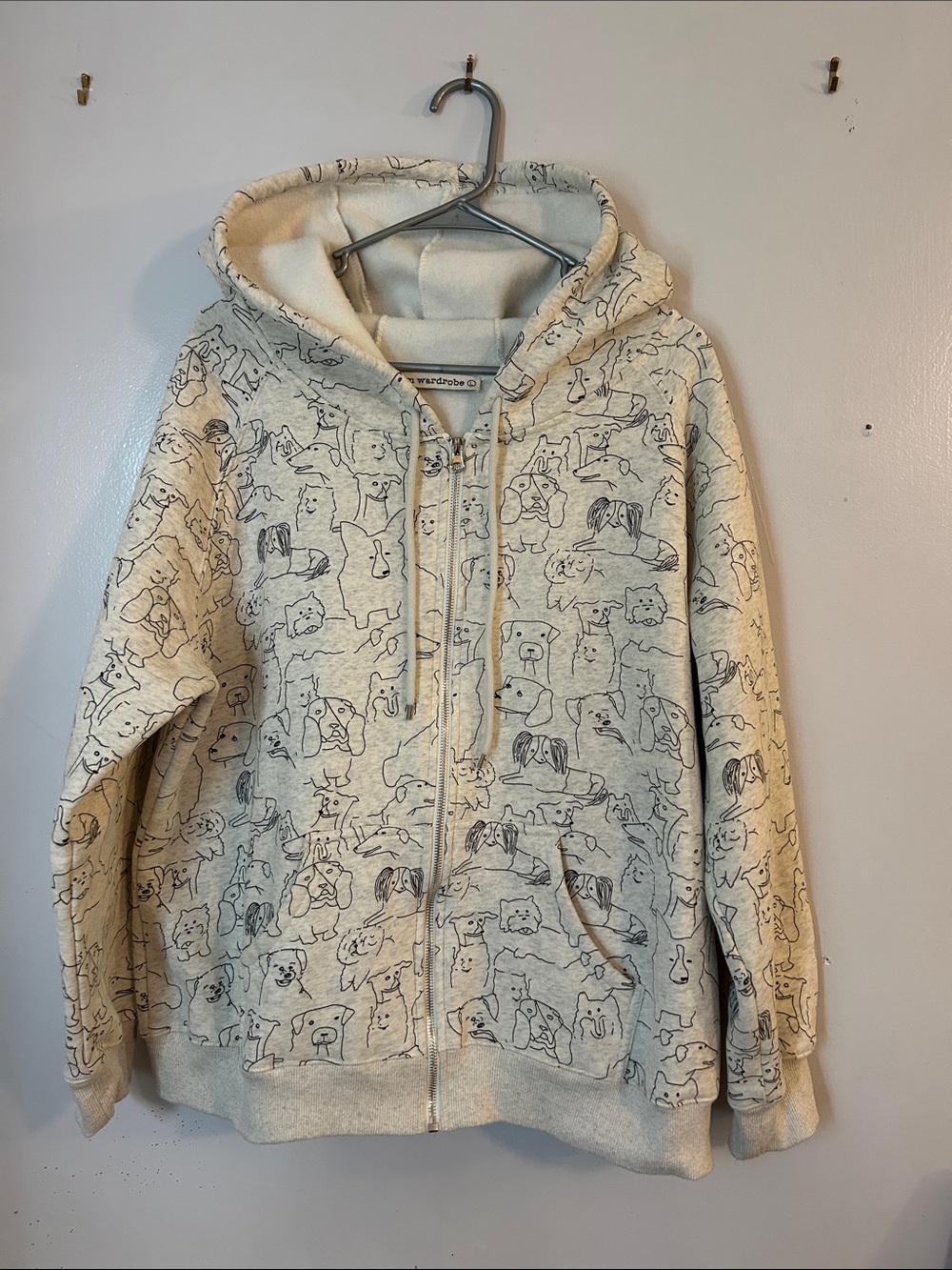 Women's Cream Full-Zip Hoodie with Dog Sketch Print